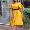 Women's Fashion Summer Spring Solid Color Print Short Sleeve V-Neck High Waist Casual Dresses