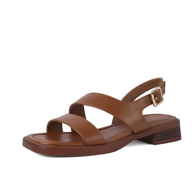 2024 Nouvelles Sandales pour Femmes Rétro Gladiateur Escarpins Décontractés Cuir Véritable Talons Bas Chaussures pour Dames de Bureau Femme Été Mode Concise