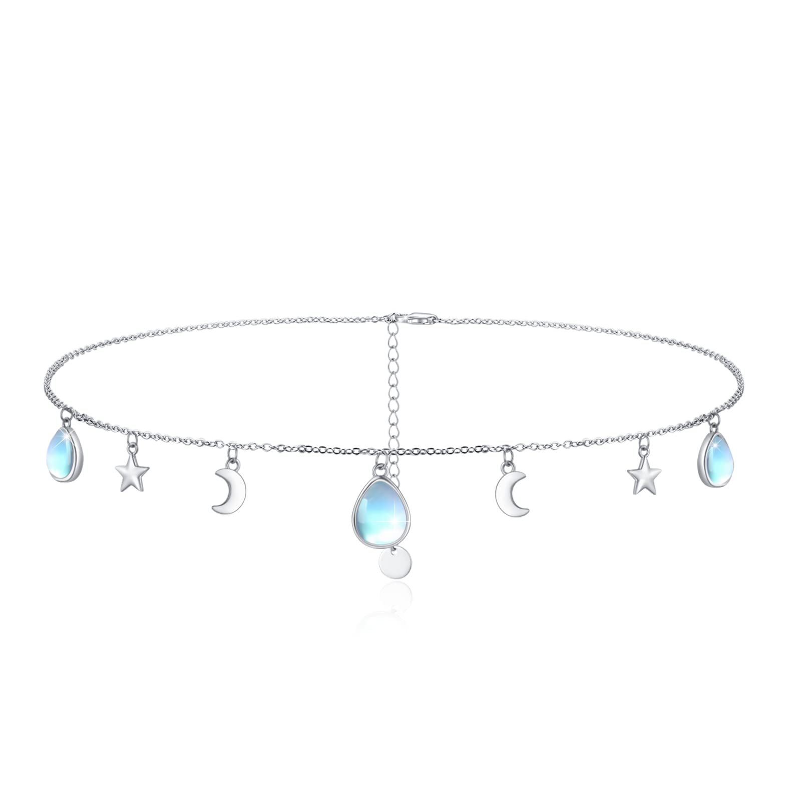 CUOKA MIRACLE Sterling Silver Choker Necklace, Moonstone Necklace, Amethyst, Red Agate, Star Moonstone Choker, 14+2 Inch Chain Necklace, Minimalist