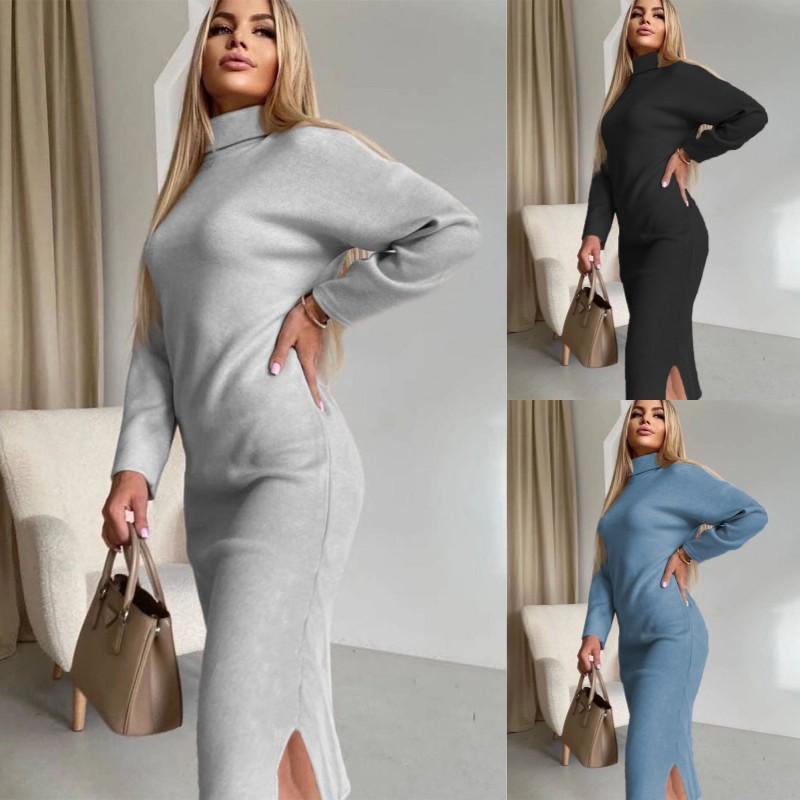 Samt-Rollkragen-Hemd für Damen Herbst und Winter Neues Kleid mit langem Schlitz für Damen