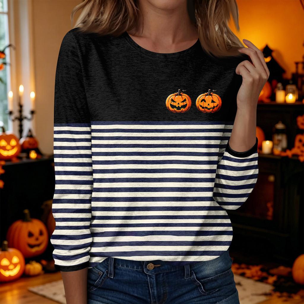 Women's Casual Long Sleeve Halloween Print Neck T-Shirt