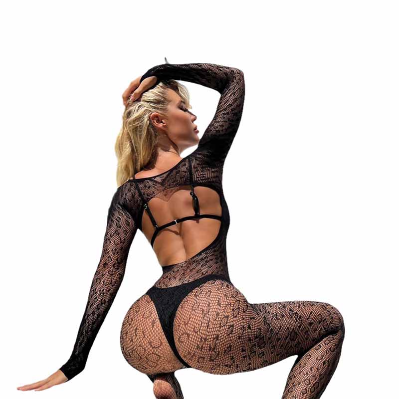 New Sexy Leopard Print Body-Stocking Erotic Underwear Fishnet Hollow Out Body Suit Jumpsuit Long Sleeve Mesh Seduce Lingerie