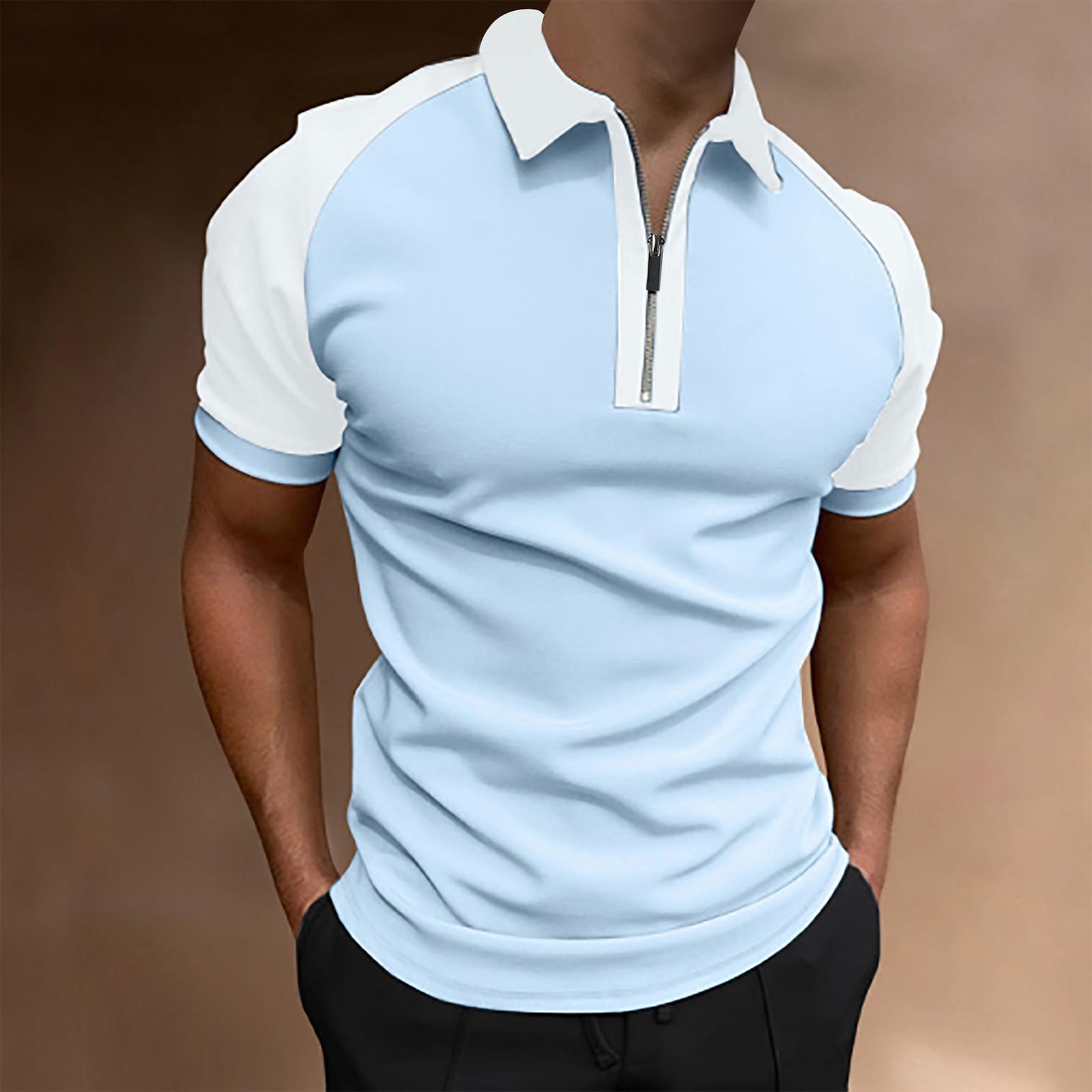 

Men s Fashion Zipper Stitched T-Shirt Short Sleeve Lapel Pullover Top Blouse XXXL