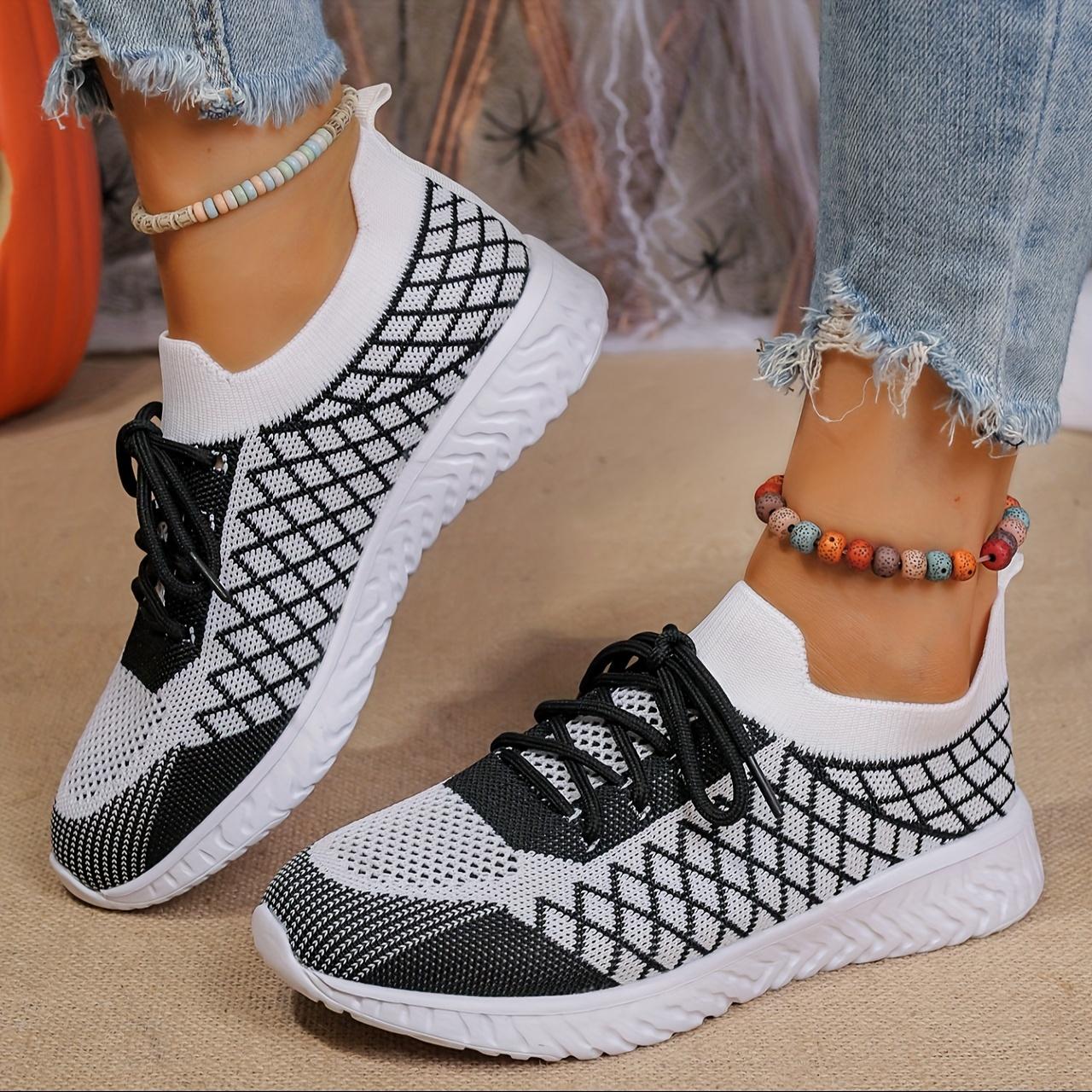 

Fashion Women s Casual Knitted Fashion Sneakers, Geometric Patterns, Low-top Loafers, Round Head, All-season Comfort 36