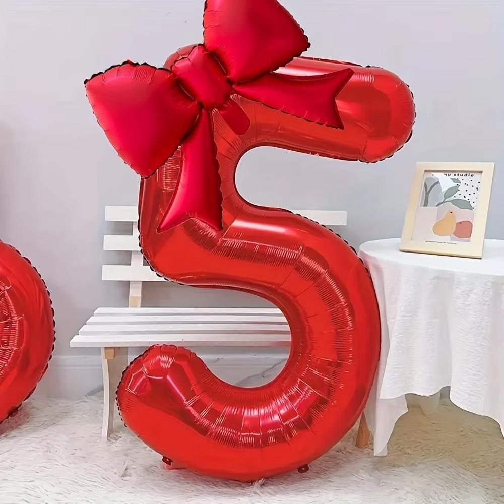 New Large 32inch Number Digital 0-9 Balloon Red Anniversary Decoration Foil Balloons with Red Bowknot Birthday Party Balloons