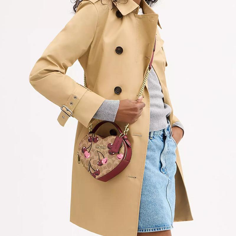 Coach Heart 15 Cherry Print Zipper Closure Coated Canvas Heart Bag Mini Women Shoulder Bag Brown CY706-IMTAM