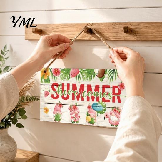 Beach House Wall Sign Summer Wooden Hanging Sign, Theme Welcome Front Door Decor with Themed Gifts Rope, Colorful Hanger for Seasonal Farmhouse Floral