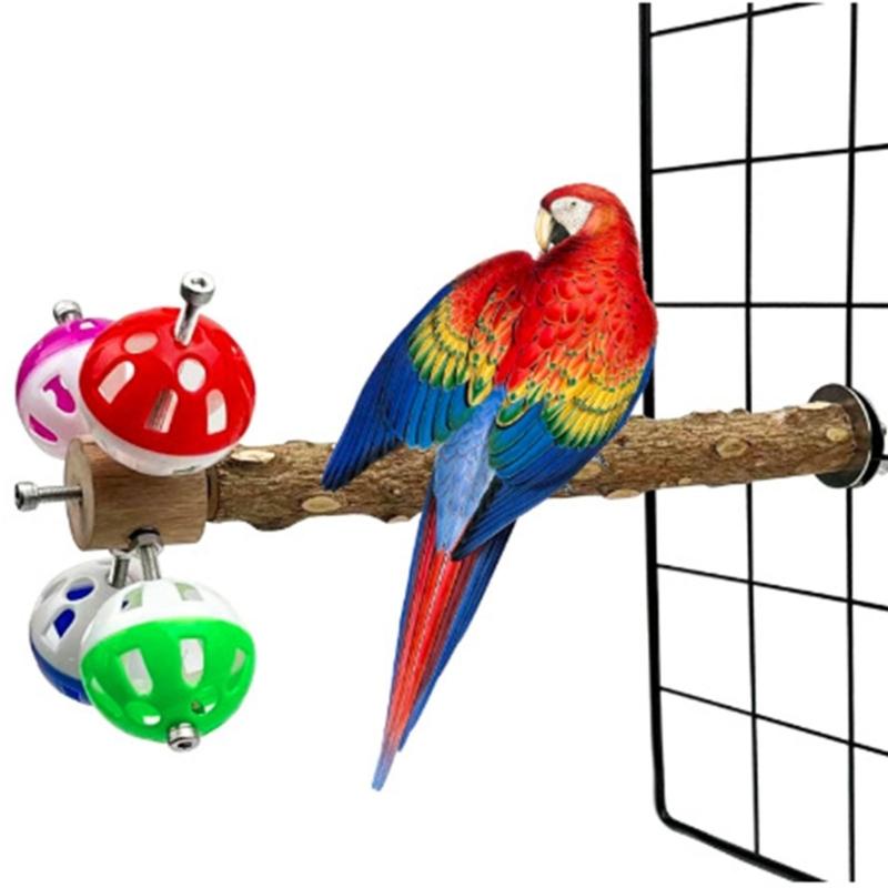 Wood Bird Perch Stand With Rotating Bells Balls Cage Exercise Toy For Conures Parrotlets Cage Entertainment Activity Toy