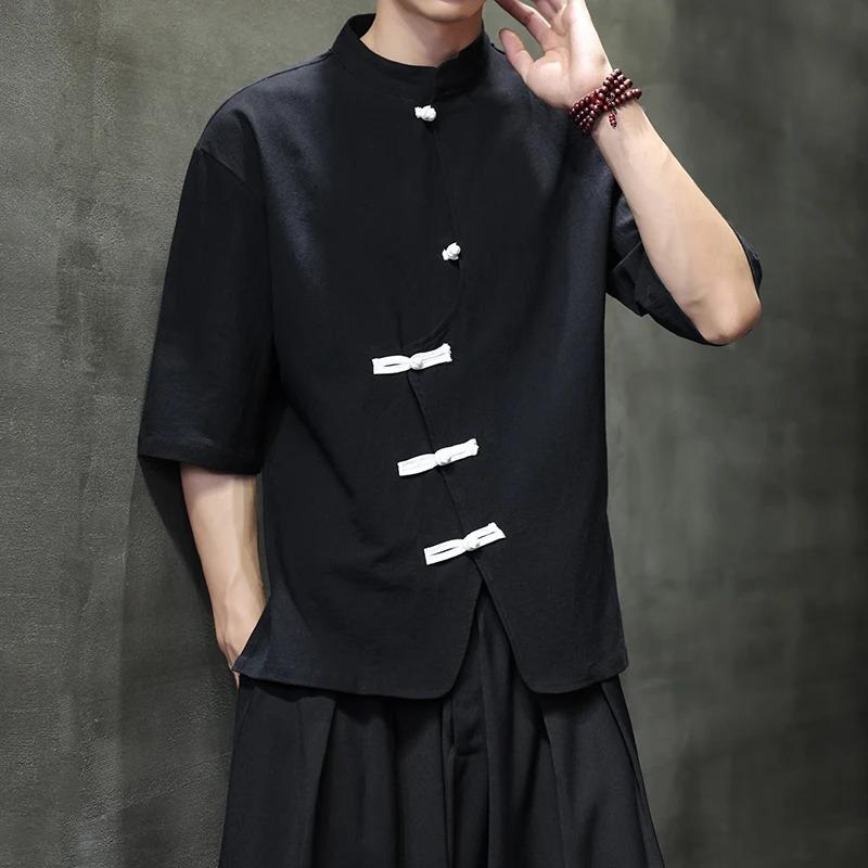 Men Linen Shirt Summer Light Thin Short Sleeved Streetwear Loose Oversize Casual Chinese Style Shirt Tang Suit Hanfu