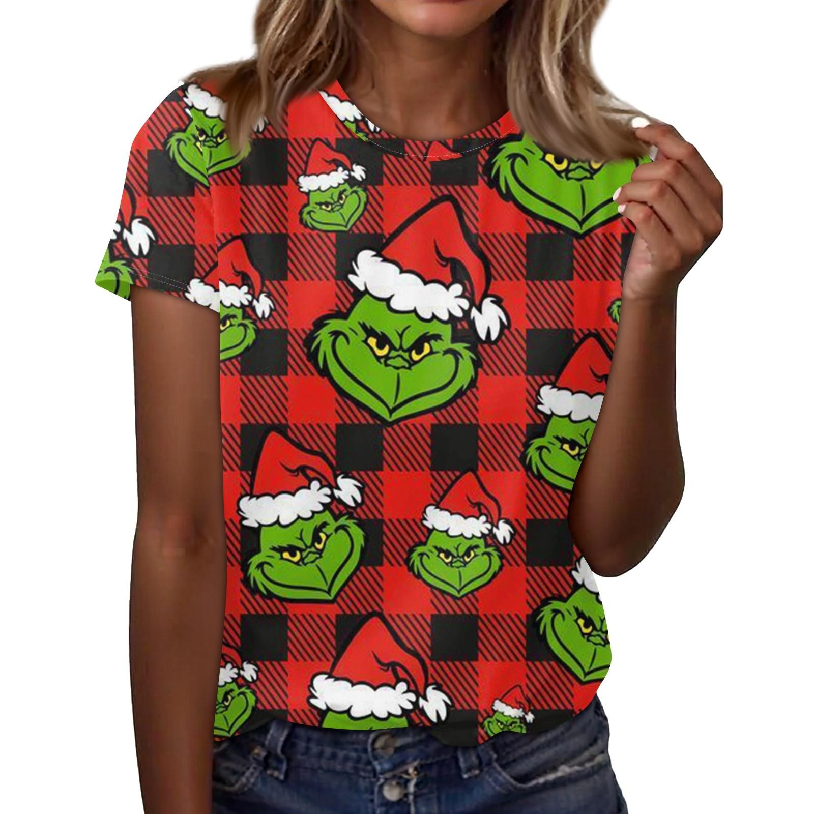 

Женский повседневный рождественский принт с короткими рукавами и круглым вырезом, свободный пуловер, топ XL красный