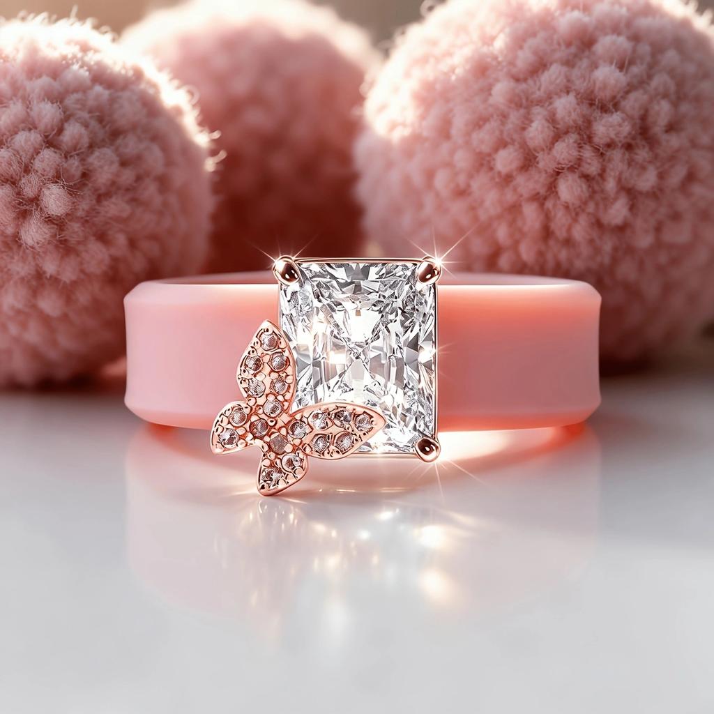 Women Pink Silicone Ring Butterfly With Radiant CZ, Hypoallergenic Daily Sport Wedding Band