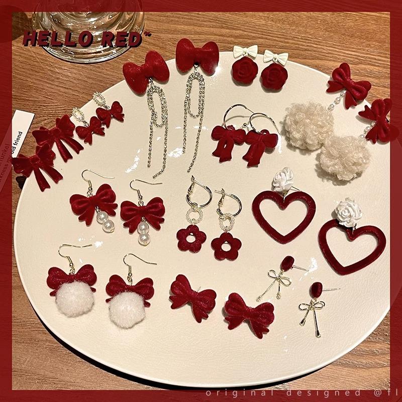 New Fashionable Flocked Earrings, Silver Needle Bow Earrings, High-end Feeling, Niche Red Earrings