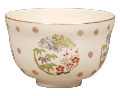 Miyachi Eikou Matcha Bowl, White, Size: Diameter 12.4cm X Height 7.8cm, Ninsei, Pine, Bamboo, and Plum Design, Paper Boxed