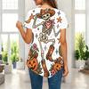 Womens Plus Size Short Sleeve Top Western Cowboy Skeleton Pumpkin Floral Print Irregular Pointed Hem Casual Blouse
