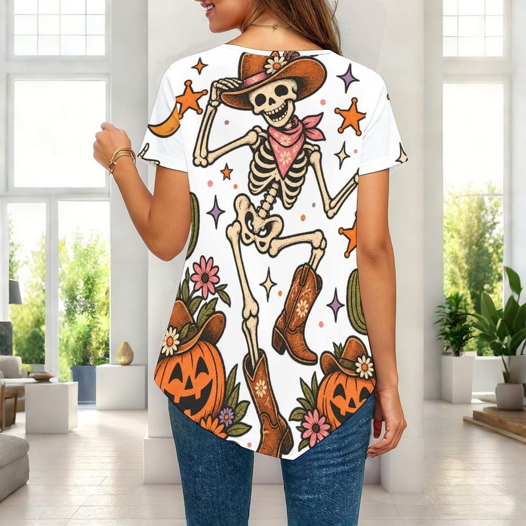 Womens Plus Size Short Sleeve Top Western Cowboy Skeleton Pumpkin Floral Print Irregular Pointed Hem Casual Blouse