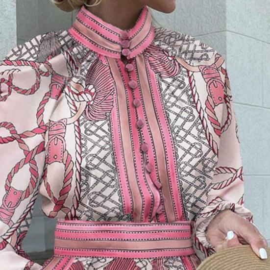 1 Set Women Shirt Shorts Set Vintage Pattern Print Turtleneck Two-piece Single Breasted Long Sleeve Top Pocket Shorts Office