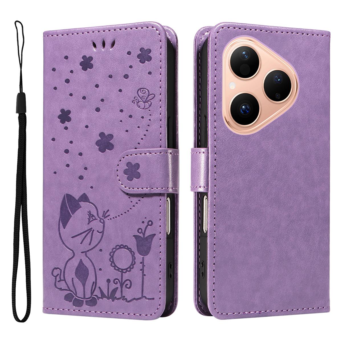 

For Huawei Pura 80 Leather Wallet Case Cat Bee Pattern Phone Cover Stand Purple