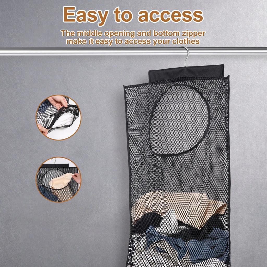 Dirty Clothes Storage Bag Basket Foldable Laundry Basket Wall Hanging Household Clothing Organizer with Hook Bathroom Mesh