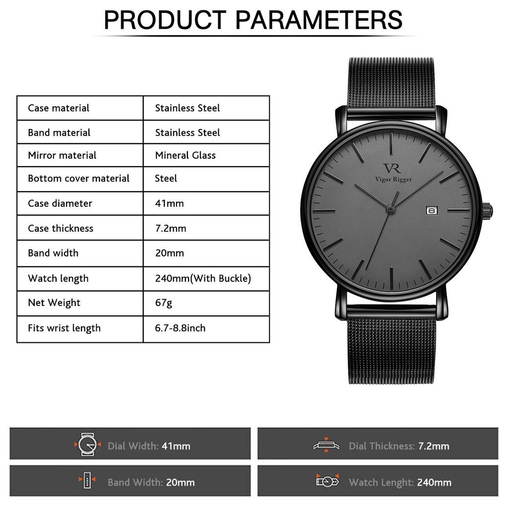 BUREI Men's Stylish, Simple, Popular, Waterproof Analog Wristwatch, Brand Name, Business, Slim Quartz Movement, Black or Gray