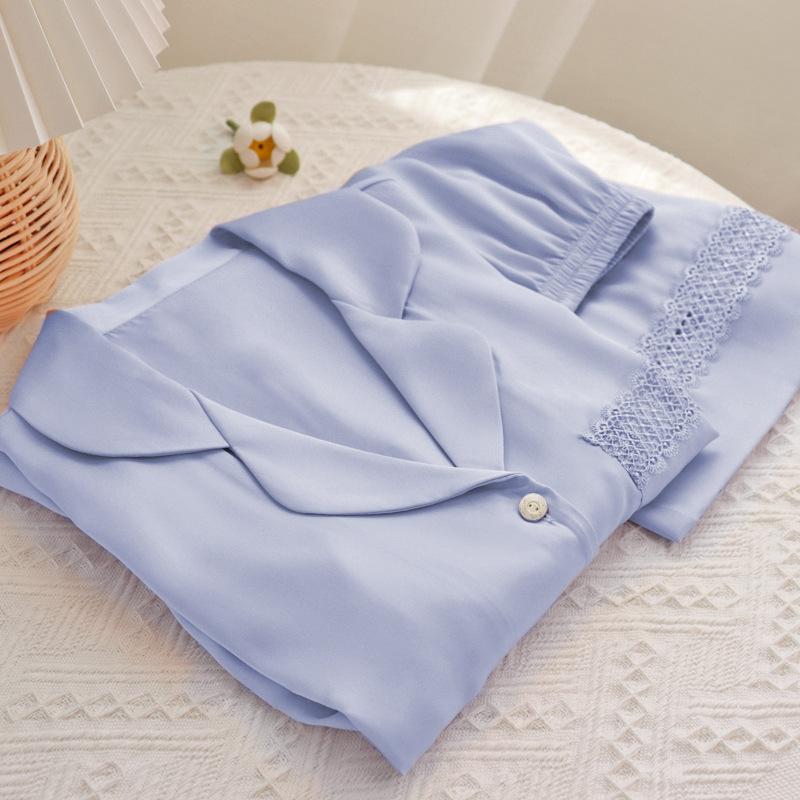 Solid Color Hollow Lace Edge Pajamas Summer Women'S Ice Silk Summer Short-Sleeved Shorts High-End Home Set