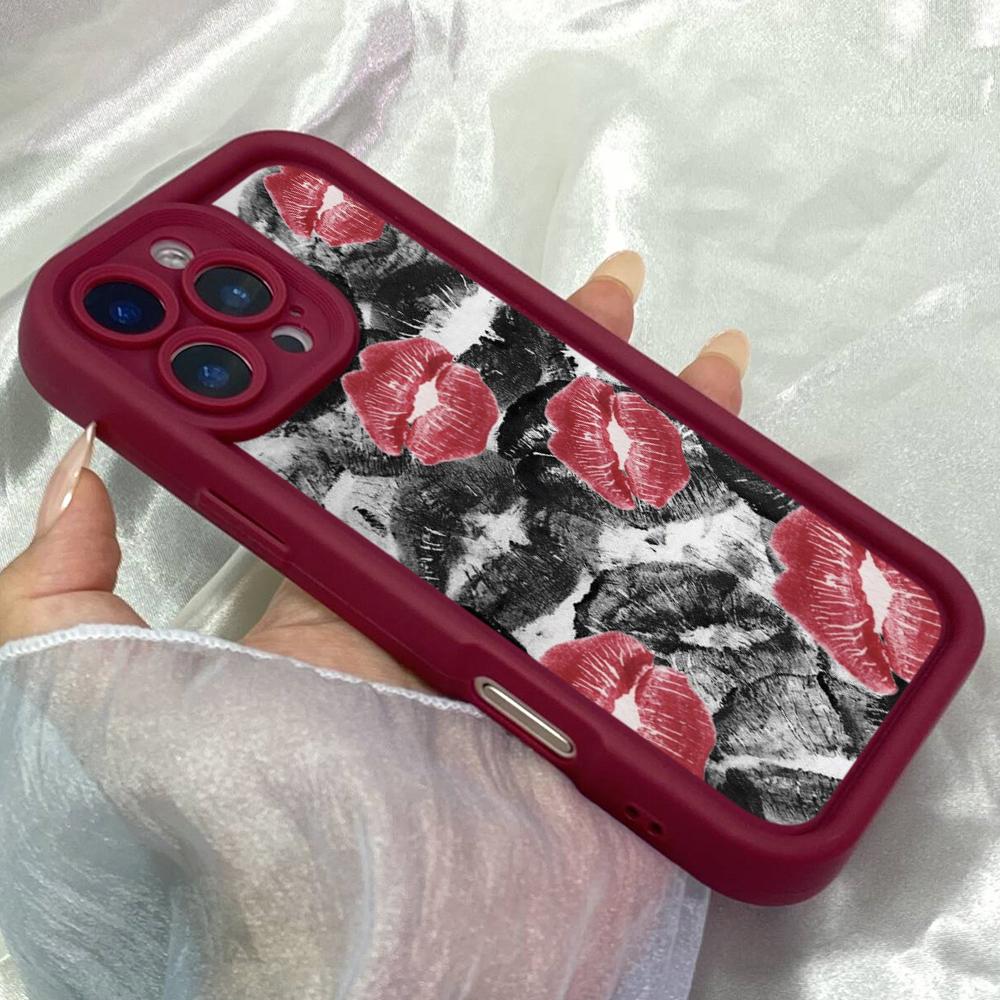 JT87 Black Red Lips Kiss Kissing for iPhone 17 16 15 14 Pro Max Samsung S26 S25 Ultra A17 A16 A07 A56 Xiaomi 15T 13T Redmi 14C 15c Soft TPU Case