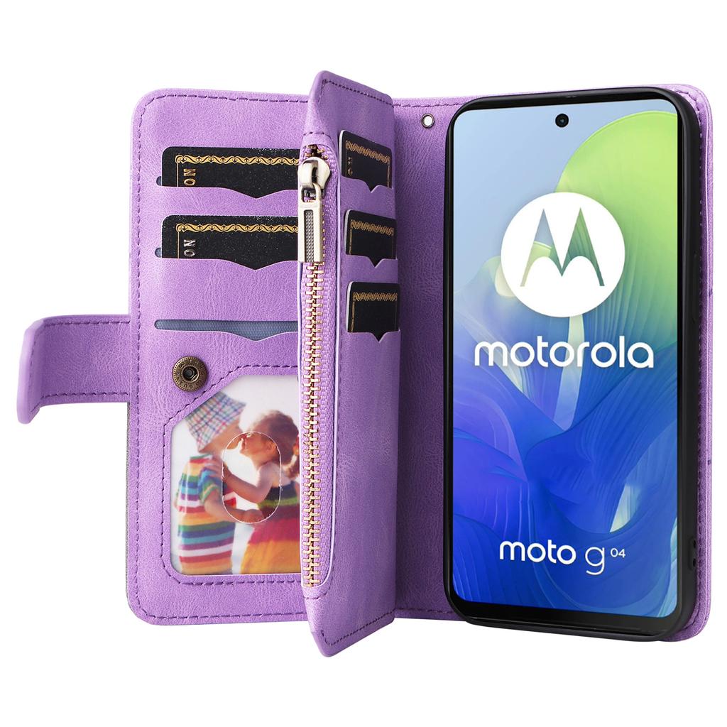 For Motorola Moto G04 4G/G24 4G/G04s 4G/E14 4G Leather Case with Strap Zipper 9 Card Slot Phone Cover Stand