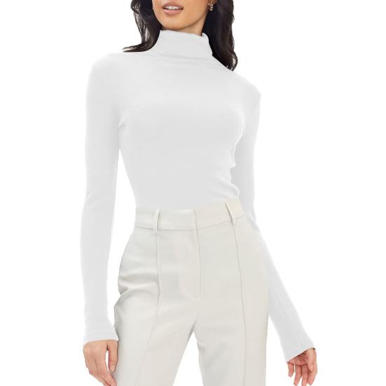 Women Bottoming Tops Slim Fit Stacked Collar Long Sleeve Solid Color Pullover Shirt Elastic Jumper Daily Wear