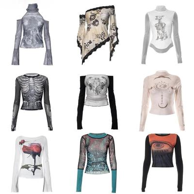2KWEIRD Y2K Sexy Lace Mesh See Through T-Shirts Goth Graphic Print Long Sleeve Knit Patchwork Tops Vintage Women Summer Streetwear