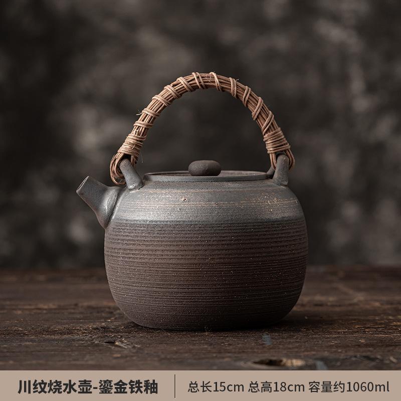 Japanese Style Gilded Iron Glazed Rattan Hoop Handle Teapot Household Boiling Water Kettle Tea Brewing Pot For Electric Stove