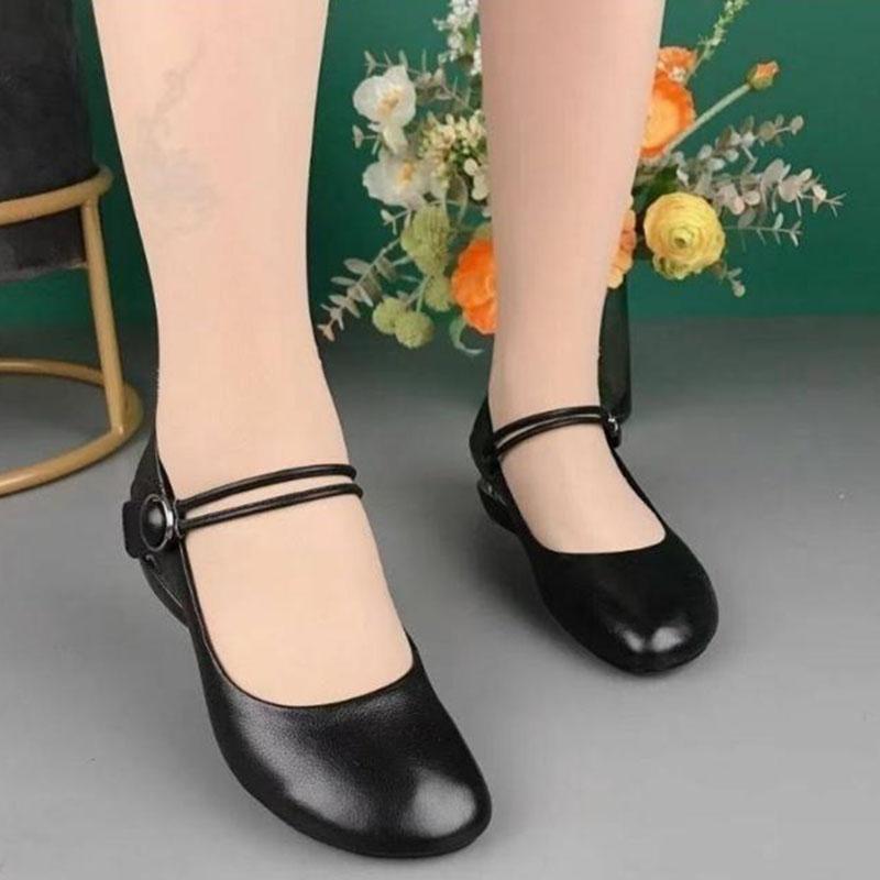 Sandales à bout rond pour femmes Talons plats mi-hauts pour femmes Talons carrés pour femmes Chaussures de maman Respirantes Semelle souple Chaussures de maman Zapatillas Mujer