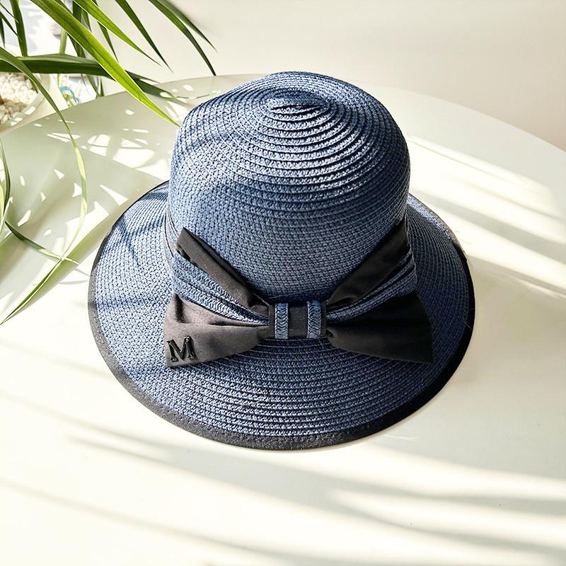 

Trendy Women s Summer Korean Style Straw Hat Beach Sun Hat Vacation Sunshade Sun Hat Small Fresh Straw Woven Basin Hat Navy Blue