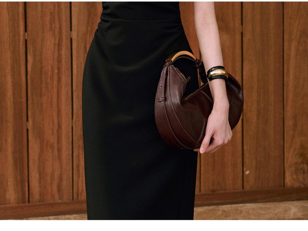 Pre-Sale Micro-Elastic Twill Dress with Metal Inlay and Asymmetric Ruched Waist