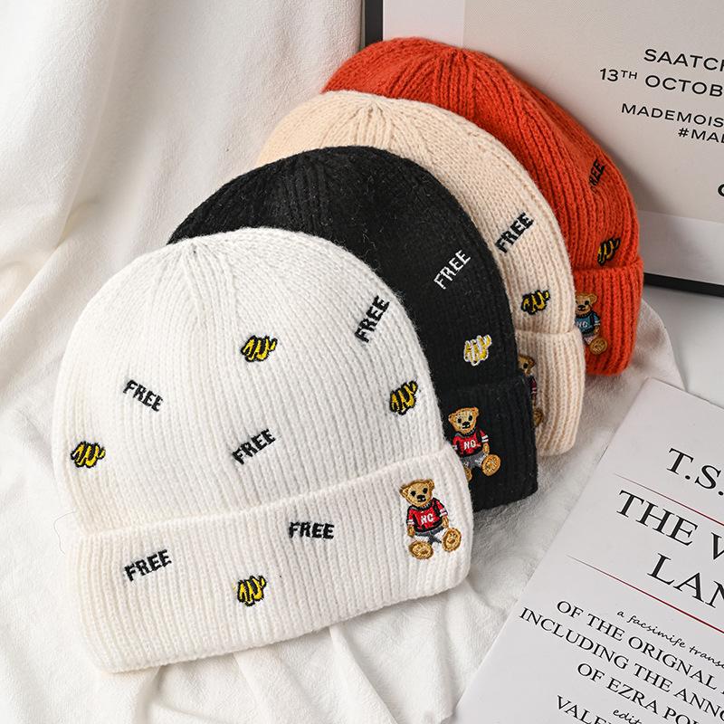 Hat Female autumn and winter wool hat Versatile embroidered letter knitted outdoor riding warm cute bear pullover hat