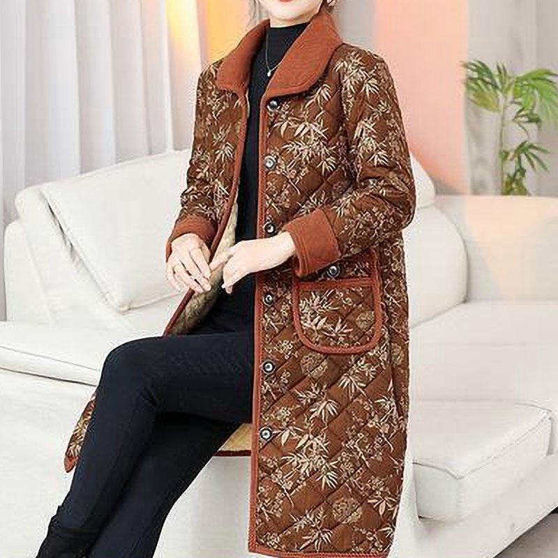 Women Winter Design Floral Warm Jacket Middle-Aged and Elderly Mothers Thick Medium Length Fleece Jacket