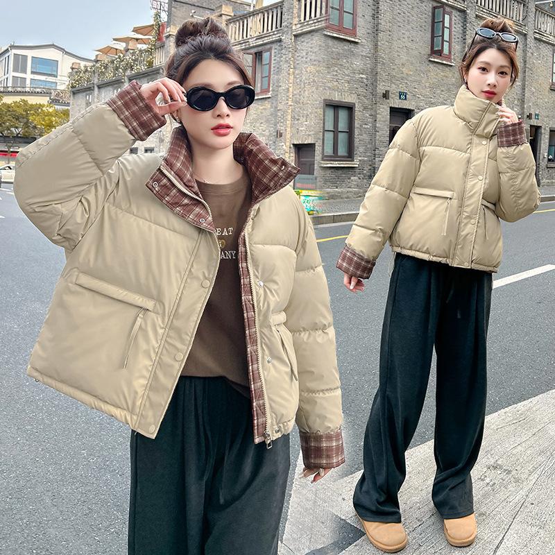 Winter Plaid Contrast Color Cotton Coat for Women Short College Style Bread Coat M