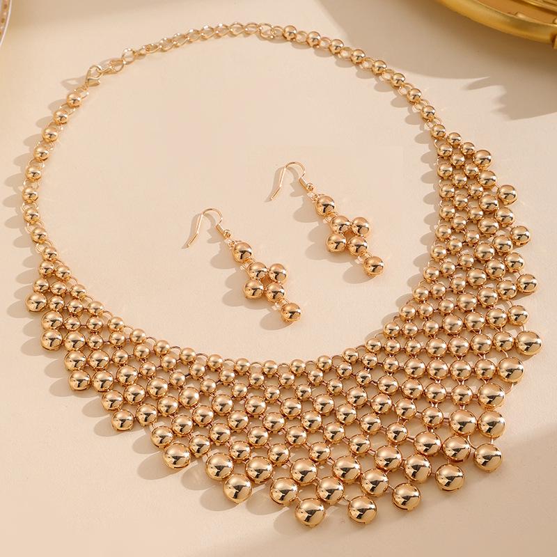 Retro Metal Bead Necklace  Earring Set - Trendy European  American Women s Fashion Accessories золотой