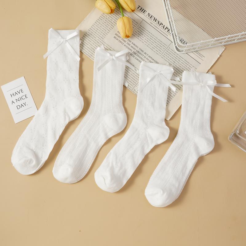 Bowknot Thin Lolita Mid-tube Socks for Women Spring Summer Side Ribbon Love Hollow Mesh Cream Color Pile Socks