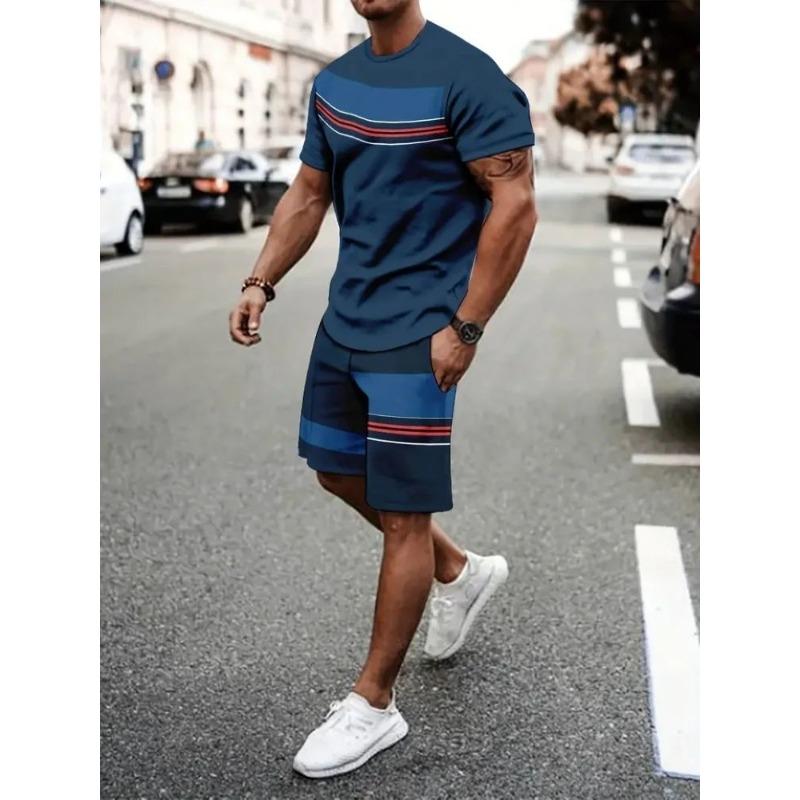 New Men's Summer Street Trendy Letter Printed Comfortable Breathable Round Neck T-shirt Shorts Set Outdoor High Street Clothing