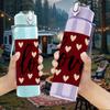 1PC Red Heart Repeat Love Pattern 750ml Color Plastic Sports Water Bottle Leakproof Flip Straw Lid Suitable for Sports Office Home Use