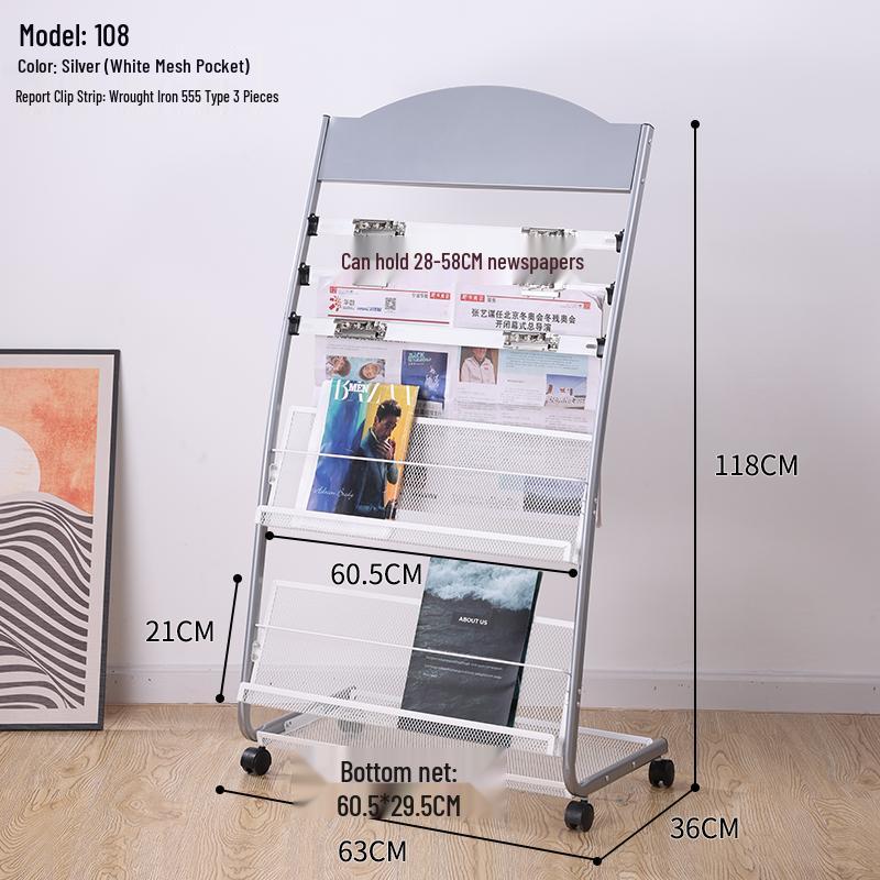 Floor-Standing Magazine, Newspaper, and Book Display Rack for Promotional Material and Office Storage