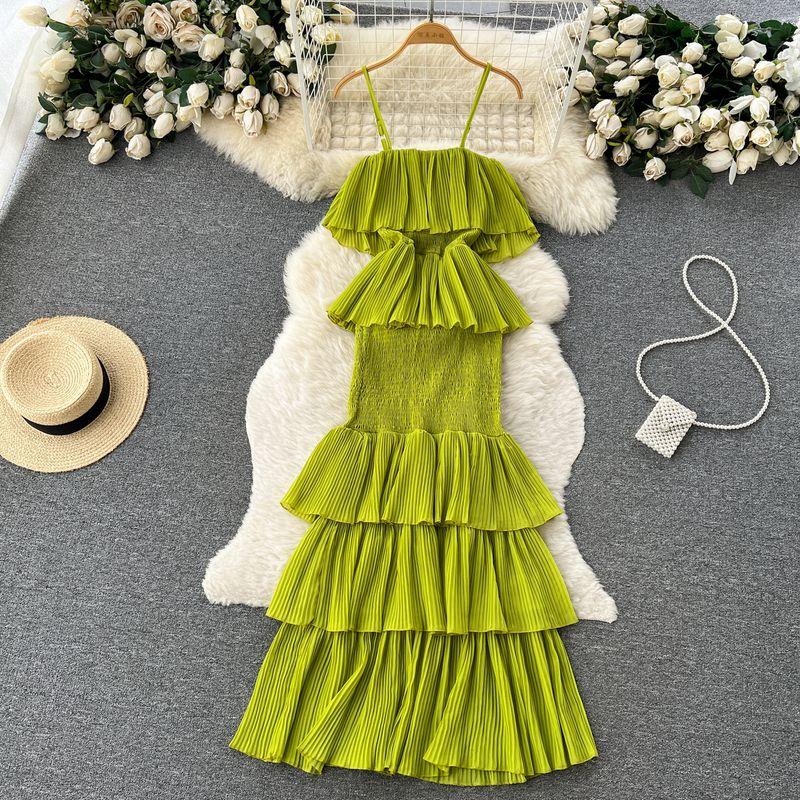 

Chiffon Fancy Ruffles Fairy Spaghetti-Strap Dress Green All yards