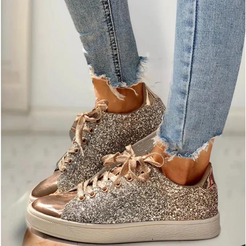 Fashion Wome's Sneakers Bling Golden Shoes Casual Female Breathable Lace Up Outdoor Sport Tennis Women Vulcanize Shoes Zapatos De Mujer
