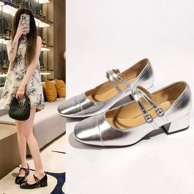 Thick Heeled High Heels Female Fashionable and Comfortable Temperament Silver Single Shoes Spring and Summer Mary Jane Shoes