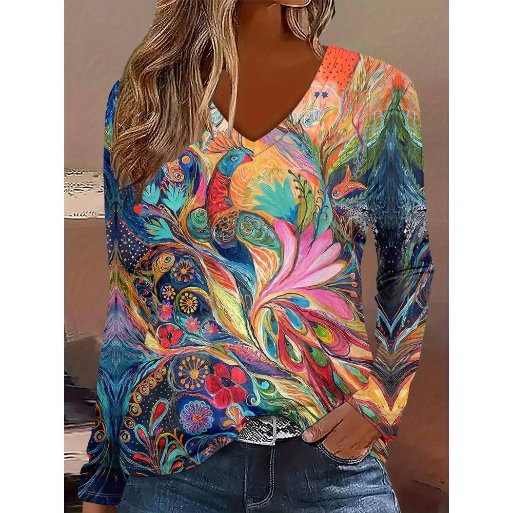 Spring Autumn Fashion Comfortable Soft V-neck Long Sleeve T-shirt Creative Butterfly Flower Loose Casual Women Versatile 3D Printed T-shirt