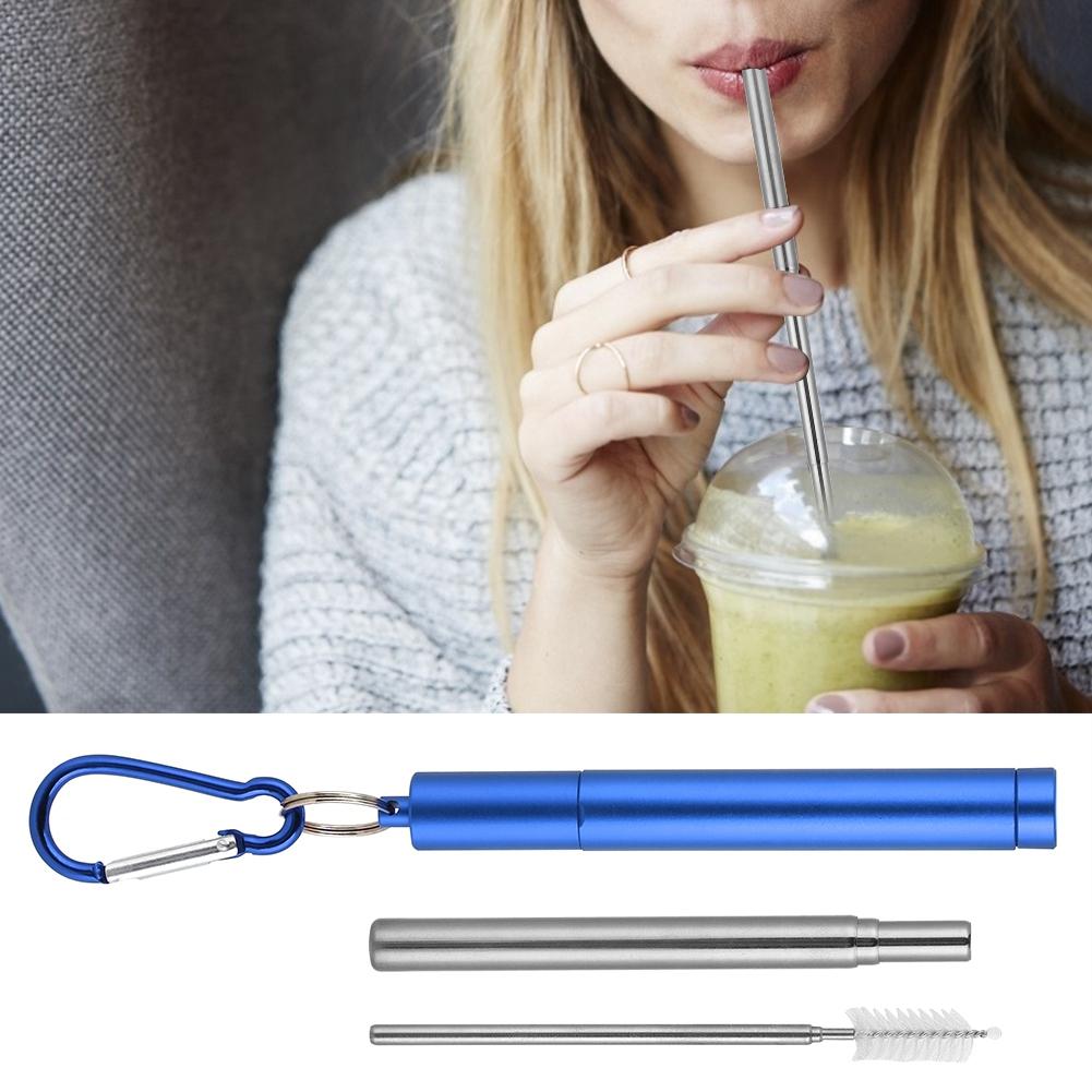 Retractable Reusable Stainless Steel Straw(Blue Aluminum Case Straw+Brush+Carabiner )