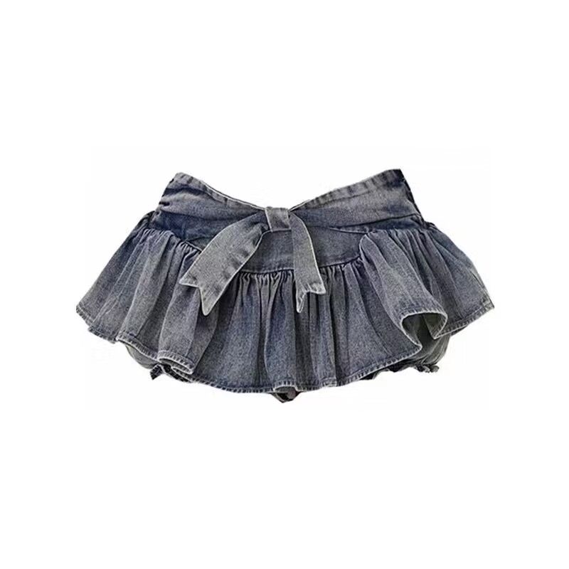 

90.00Kg Pure Desire Style Bows Denim Skirt Slimming Anti-Emptied Puffy A- line Skirt Export Extra Large Size Blue XL