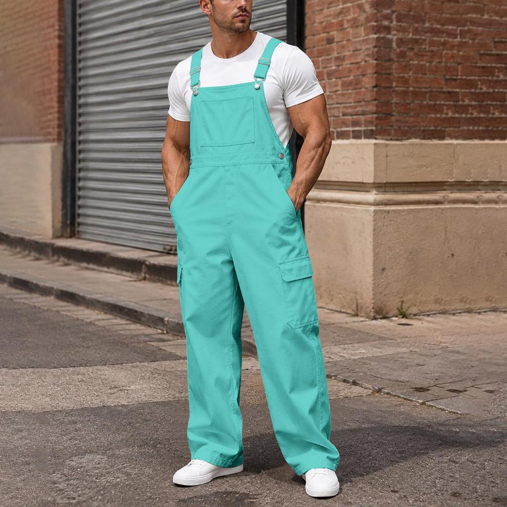 Men's Loose Fit Cargo Overalls Wide Leg Jumpsuit with Multi-Pocket Utility Storage