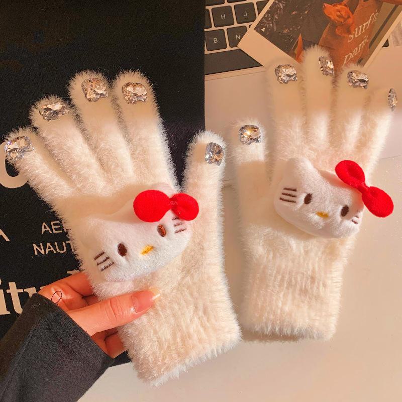 Plush Diamond Cat Nail Gloves: Warm, Split-Finger, Autumn/Winter Gloves for Students & Riding Enthusiasts.