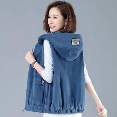 Corduroy Vest Women Wear A Versatile Short Hooded Spring and Autumn Thin Striped Vest Coat