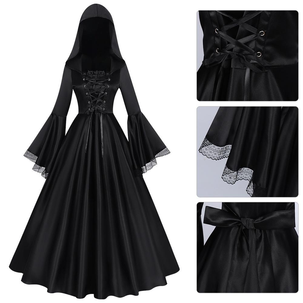 Dark Gothic Hooded Long Dress for A Renaissance-Themed Costume Party